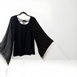 Vintage 90s Black Fairy Goth Top 3XL Sheer Bell Crinkle Sleeve Whimsigoth Witchy